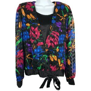 Vintage 80s Teddi Satin Secretary Blouse Shirt Size S Black Floral Geo Faux Wrap